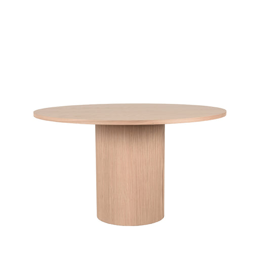 LABEL51 ronde eettafel Oliva van 130 cm in naturel eikenhout met een robuuste cilindervormige voet.