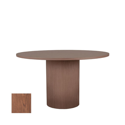 LABEL51 Oliva ronde eettafel van 130 cm in walnootkleurig eikenhout met een robuuste centrale kolomvoet.