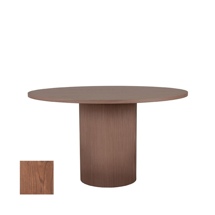 LABEL51 Oliva ronde eettafel van 130 cm in walnootkleurig eikenhout met een robuuste centrale kolomvoet.