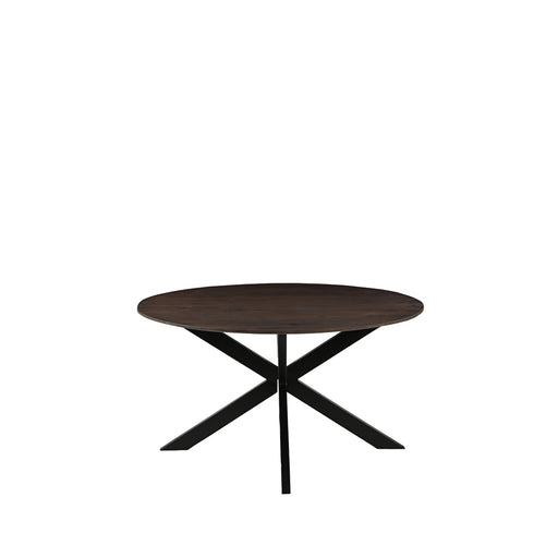 Ronde LABEL51 Otis eettafel van 130 cm in espresso mangohout met een zwart metalen kruispoot.