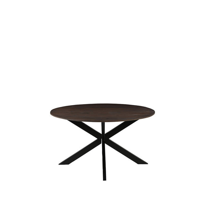 Ronde LABEL51 Otis eettafel van 130 cm in espresso mangohout met een zwart metalen kruispoot.