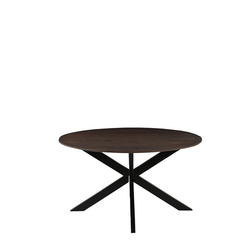 LABEL51 Otis ronde eettafel van 140 cm in espresso mangohout met een zwart metalen kruispoot onderstel.