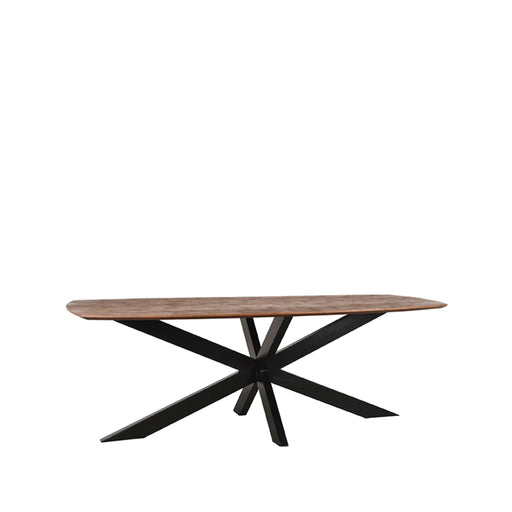 LABEL51 Zane eettafel van 220 cm met espresso mangohouten blad en zwart metalen kruispoot.