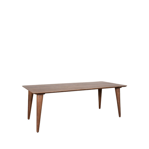 LABEL51 Fly eettafel van 250 cm in nature smooth mangohout met een rechthoekig blad en schuine houten poten.