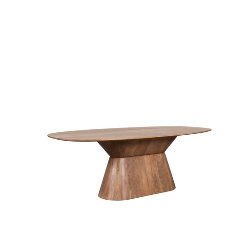 Ovale LABEL51 Jagger eettafel van 200 cm in nature smooth mangohout met een robuuste centrale kolomvoet.