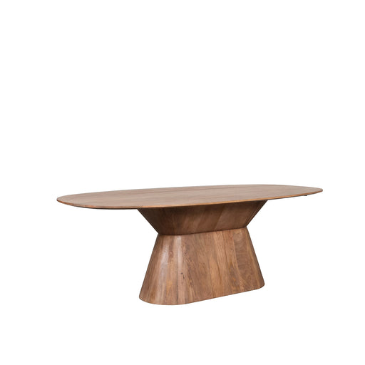Ovale LABEL51 Jagger eettafel van 220 cm in nature smooth mangohout met een robuuste centrale kolomvoet.