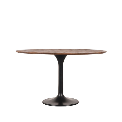 Ronde eettafel Otto van 130 cm met bruin mangohouten blad en zwarte metalen trompetpoot.
