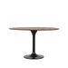 Ronde eettafel Otto van 130 cm met bruin mangohouten blad en zwarte metalen trompetpoot.