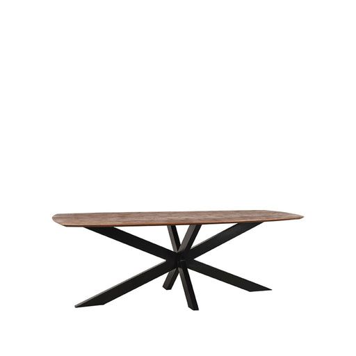 Deens ovale eettafel Zane van espresso mangohout met zwart metalen kruisonderstel, 190x100 cm.