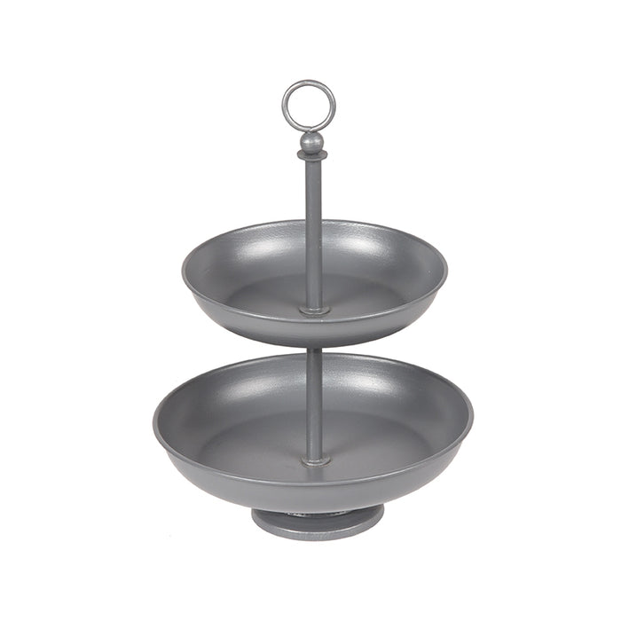 LABEL51 etagère van antiek grijs metaal met twee ronde plateaus, 38 cm hoog.