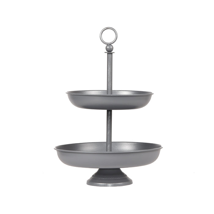 LABEL51 etagère van antiek grijs metaal met twee ronde plateaus, 38 cm hoog.