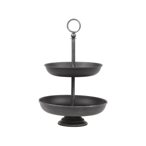 LABEL51 industriële etagère van antiek zwart metaal met twee ronde plateaus, 38 cm hoog.