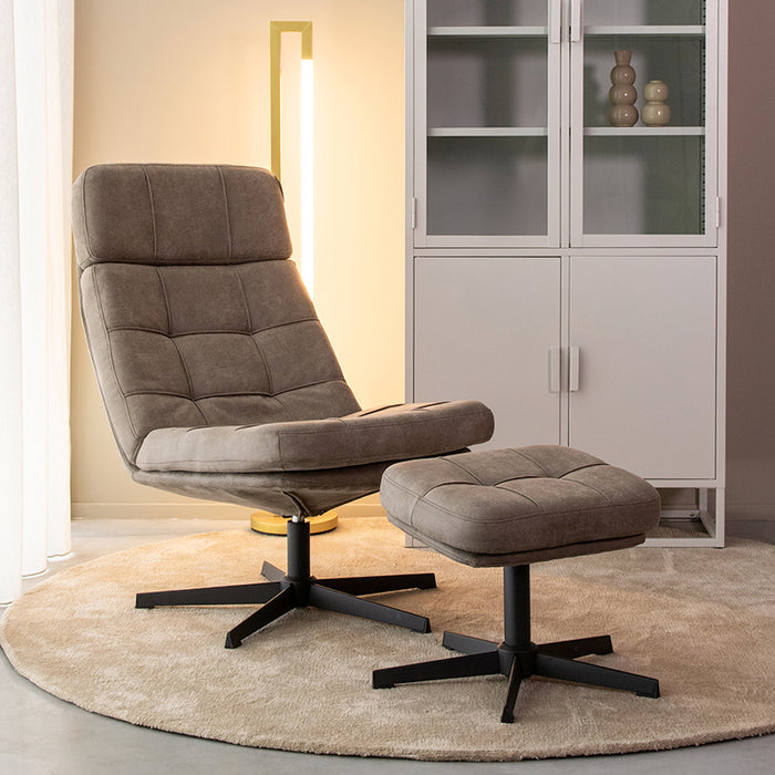 LABEL51 Fauteuil Alvar - Taupe - Kunstleder - Incl. Hocker-Poefs-LABEL51