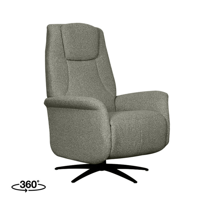 LABEL51 Stockholm fauteuil in mushroom boucle stof met 1-motorig verstelbaar design op een zwarte draaivoet.