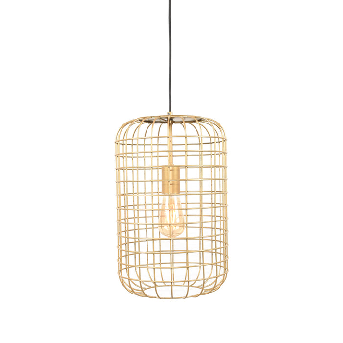 Goudkleurige LABEL51 Solido hanglamp met een open metalen rasterframe van 26x26 cm voor een sfeervolle lichtverspreiding.