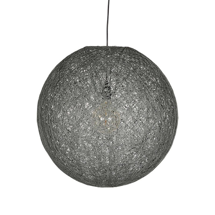 Grijze bolvormige LABEL51 Twist hanglamp van 55 cm gemaakt van geweven vlas met een open structuur.
