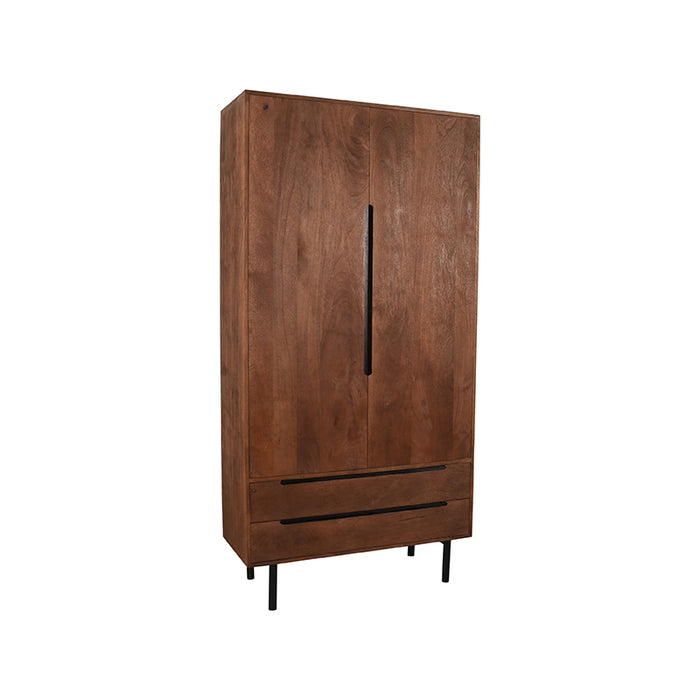LABEL51 Rio hoge kast van espresso mangohout met twee deuren, twee lades en een zwart metalen onderstel (100x40x200 cm).