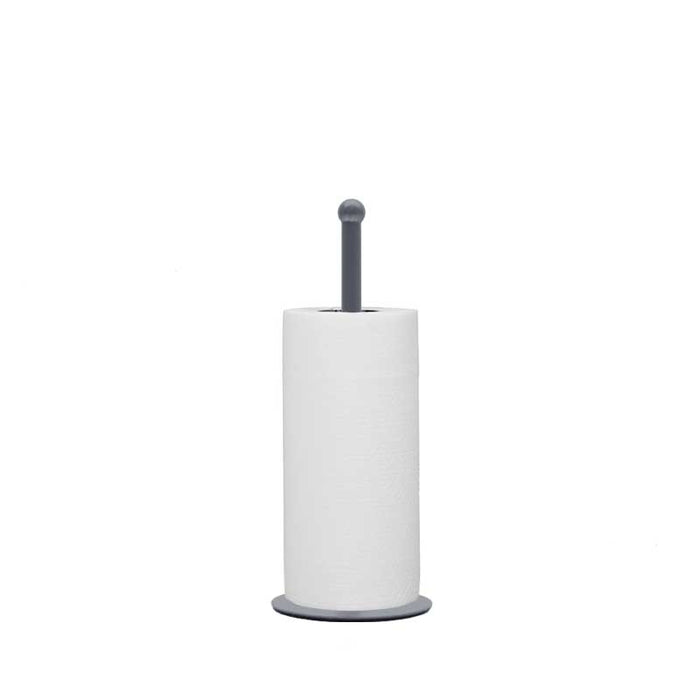 LABEL51 keukenrolhouder van antiek grijs metaal, 33 cm hoog met een compact rond grondvlak.