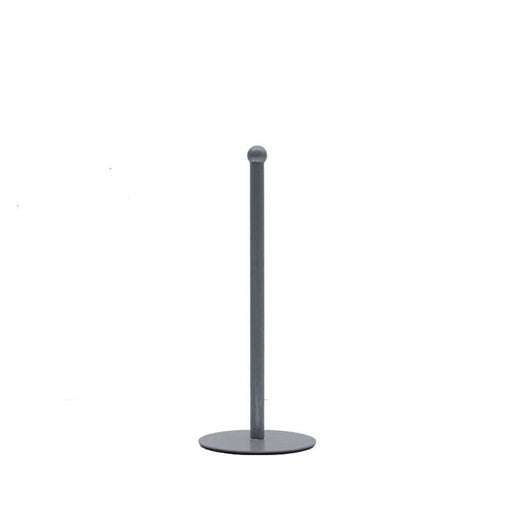 LABEL51 keukenrolhouder van antiek grijs metaal met een hoogte van 33 cm en een compact rond voetstuk.
