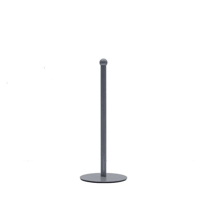 LABEL51 keukenrolhouder van antiek grijs metaal met een hoogte van 33 cm en een compact rond voetstuk.