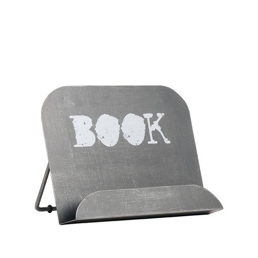 Verstelbare antiek grijze metalen kookboekstandaard met witte vintage 'BOOK' opdruk, 27x14x20 cm.