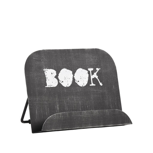 Verstelbare LABEL51 kookboekstandaard van antiek zwart metaal met witte vintage 'BOOK' opdruk, 27x14x20 cm.