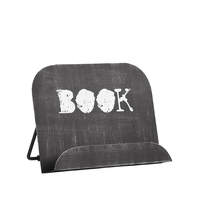 Verstelbare LABEL51 kookboekstandaard van antiek zwart metaal met witte vintage 'BOOK' opdruk, 27x14x20 cm.