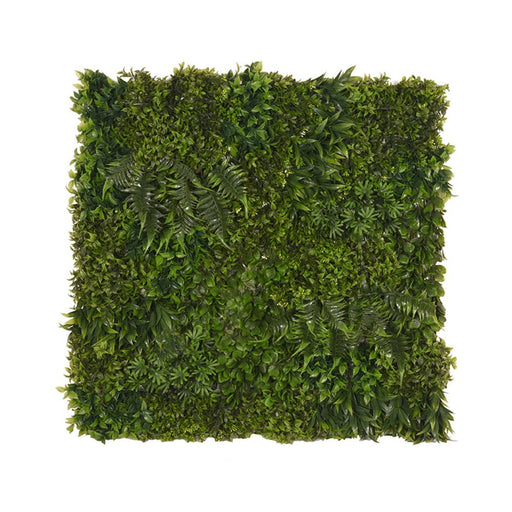 Vierkant LABEL51 kunstplant wandpaneel van 80x80 cm met diverse groene kunstbladeren op een metalen raster.
