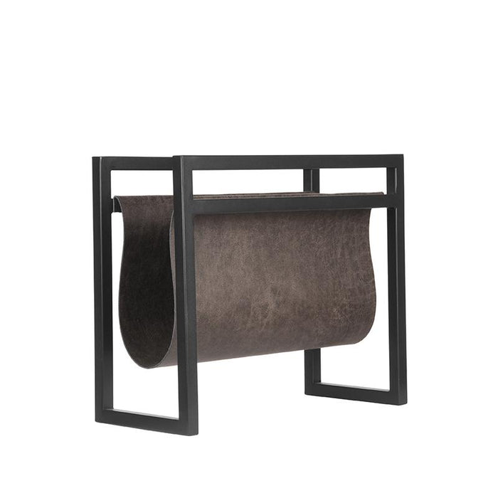 LABEL51 magazinehouder van antraciet leder in een zwart metalen frame, 45x20x38 cm.