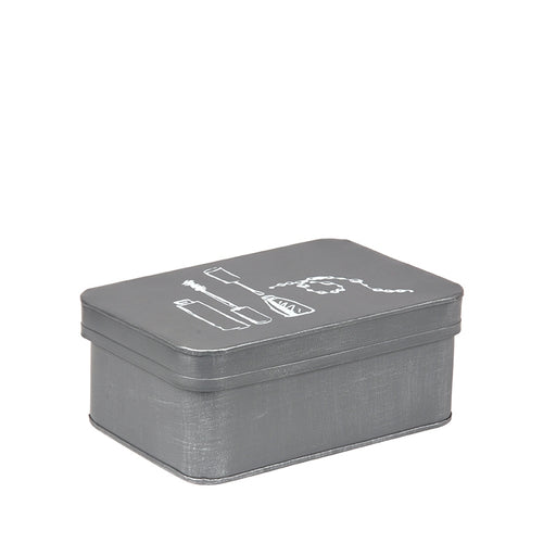 Antiek grijze metalen make-up opbergdoos van 21x15x9 cm met decoratieve witte print op het deksel.