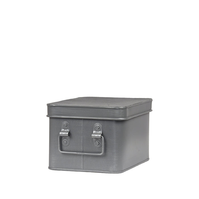 LABEL51 compacte media-opbergkist van antiek grijs metaal met handvat, 22x17x13 cm.