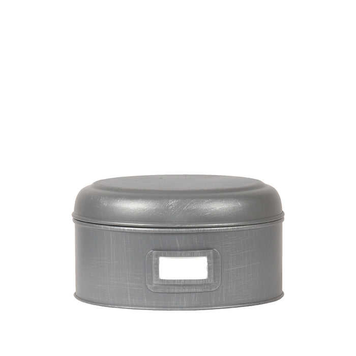 Rond LABEL51 opbergblik van antiek grijs metaal met labelhouder, 22x22x12 cm.