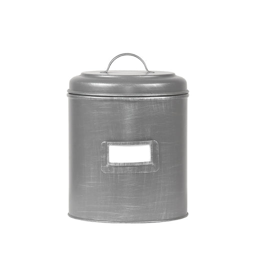 Antiek grijs metalen opbergblik XL met deksel, handvat en labelhouder, 20x20x25 cm.