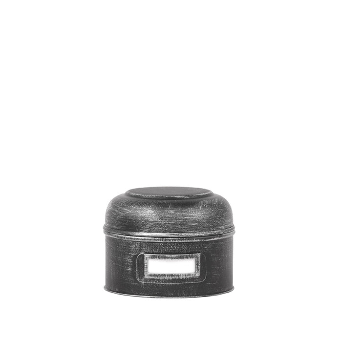 Rond LABEL51 opbergblik in antiek zwart metaal met labelhouder, 13x10 cm.