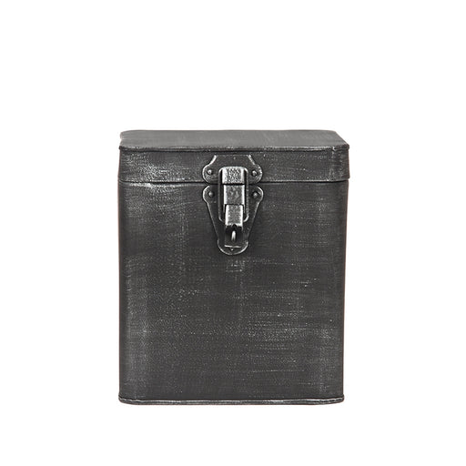 LABEL51 XL opbergbox van antiek zwart metaal met industriële sluitclip, 18x19x21 cm.