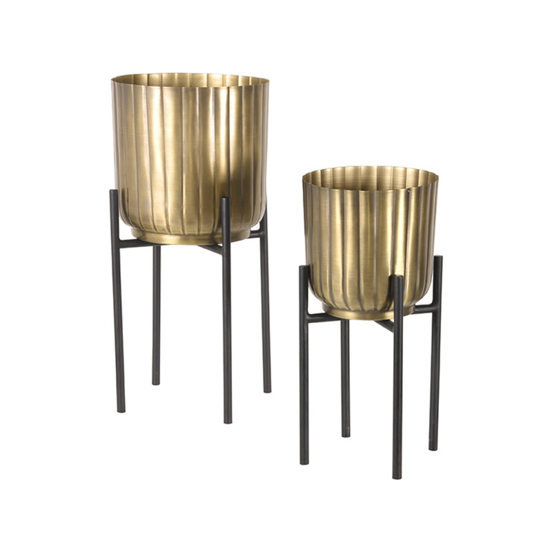 Twee LABEL51 plantenstandaards van antiek goud metaal met zwarte poten in verschillende hoogtes.