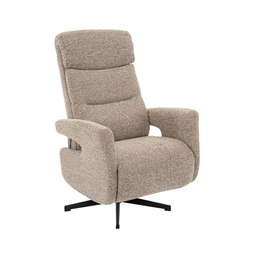 LABEL51 Copenhagen relaxfauteuil in mushroom bouclé met manueel verstelbare rugleuning op zwart onderstel.