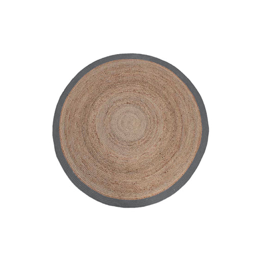 Rond LABEL51 vloerkleed van 90 cm in naturel jute met een grijze katoenen rand en gevlochten structuur.
