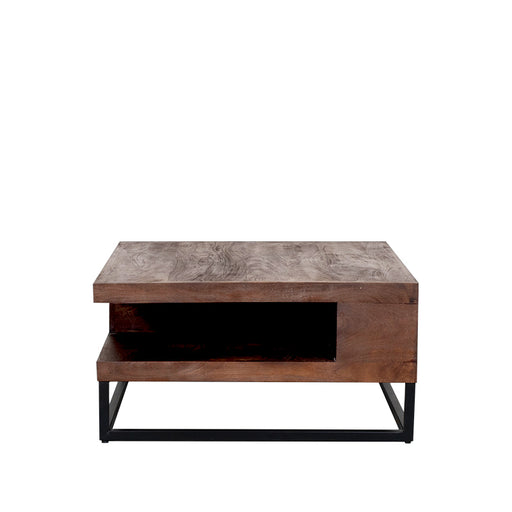 LABEL51 Cube salontafel van 80x80 cm in nature smooth mangohout met een open vak en zwart metalen frame.