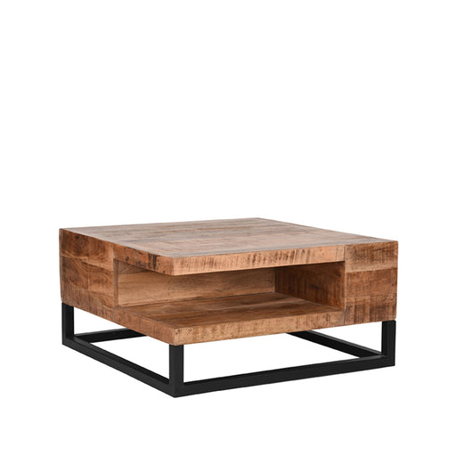 Vierkante salontafel van 80 cm in ruw mangohout met een zwart metalen frame en open opbergvak.