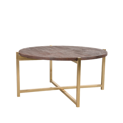 Ronde salontafel Dox van espresso mangohout met een goudkleurig metalen kruisframe, 70 cm diameter.