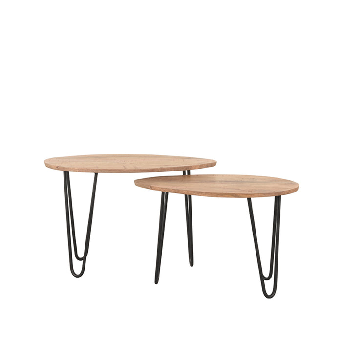 LABEL51 Frisk salontafelset van ruw mangohout met zwarte metalen hairpin poten.