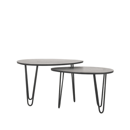 LABEL51 Frisk salontafelset van zwart mangohout met organisch gevormde bladen en slanke metalen hairpin poten.