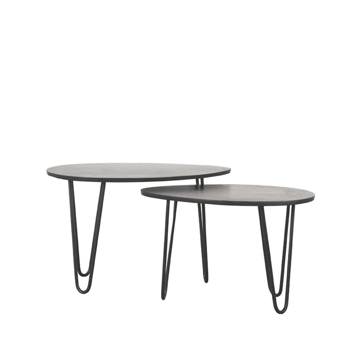 LABEL51 Frisk salontafelset van zwart mangohout met organisch gevormde bladen en slanke metalen hairpin poten.