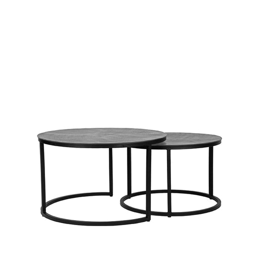 LABEL51 ronde salontafelset Grand in antiek ash met zwart metalen frame en bladen van 75 cm.