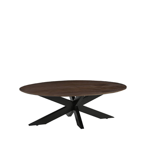 Ovale salontafel James van espresso mangohout met een zwart metalen kruisonderstel, 130x70 cm.