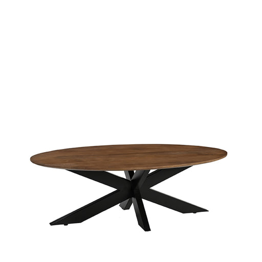 Ovale salontafel James van 130 cm in nature smooth mangohout met een zwart metalen kruisonderstel.
