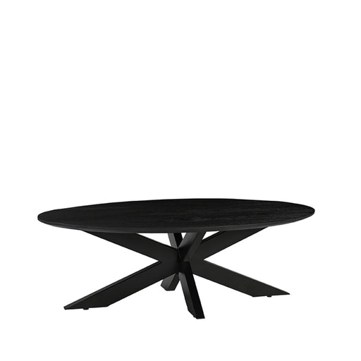 Zwarte ovale salontafel van mangohout (130 cm) met een modern kruisvormig onderstel.