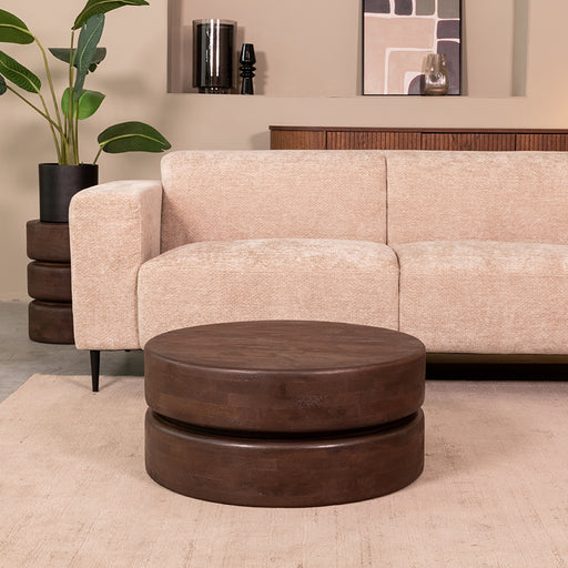 Ronde LABEL51 salontafel Milly van 70 cm in espresso mangohout met een robuust, cilindervormig design.
