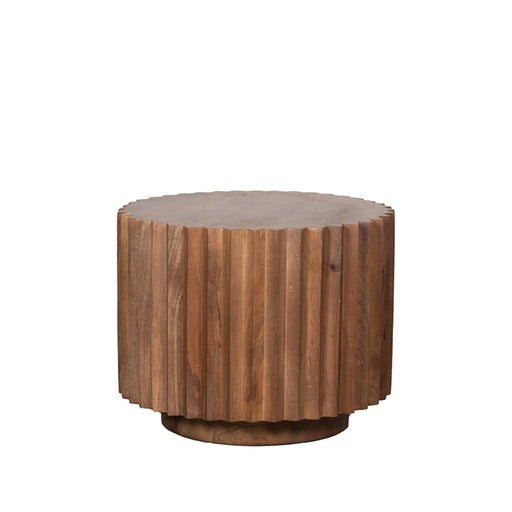 Ronde LABEL51 salontafel Novan van 50 cm in nature smooth mangohout met een stijlvol verticaal geribbeld design.